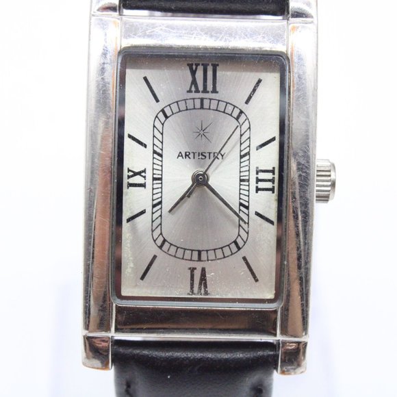 Vintage Artistry Watch Mens Silver Tone Stainless Steel Black Leather Band - Picture 2 of 8